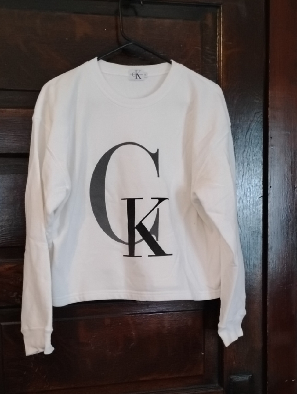 Calvin Klein White Crewneck with Large Black CK Logo, Size Medium